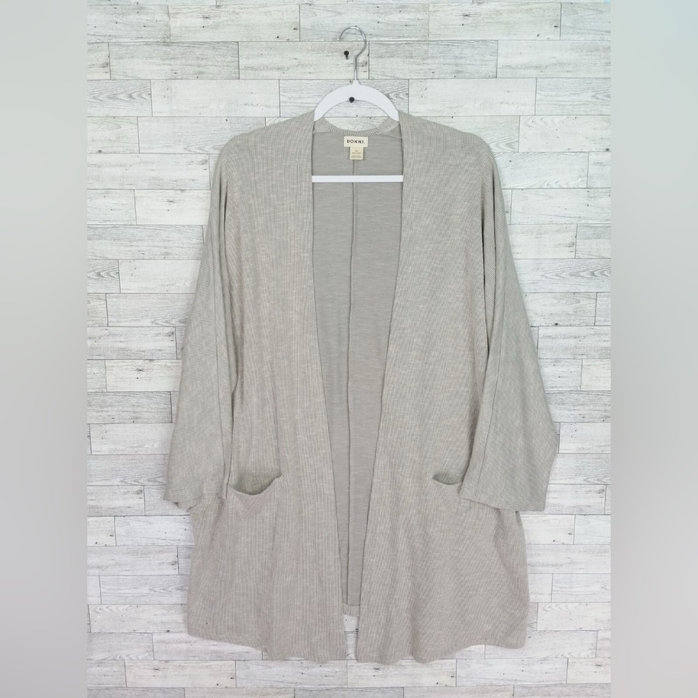 Donni Open Front Knit Cardigan Drape Top One Size Fits All Gray Striped Flowing